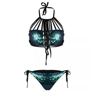Green mermaid metallic sequin caged bikini harness sexy bondage goth festival j2